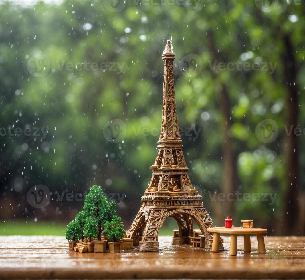 AI generated Miniature Eiffel tower on wooden table with rain background. photo