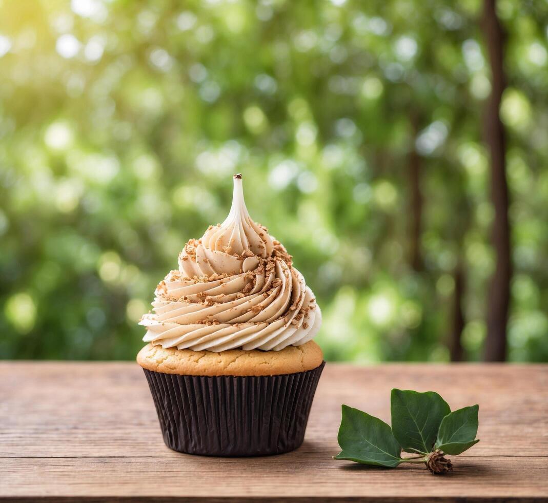 AI generated Cupcake with whipped cream on wooden table and green bokeh background photo