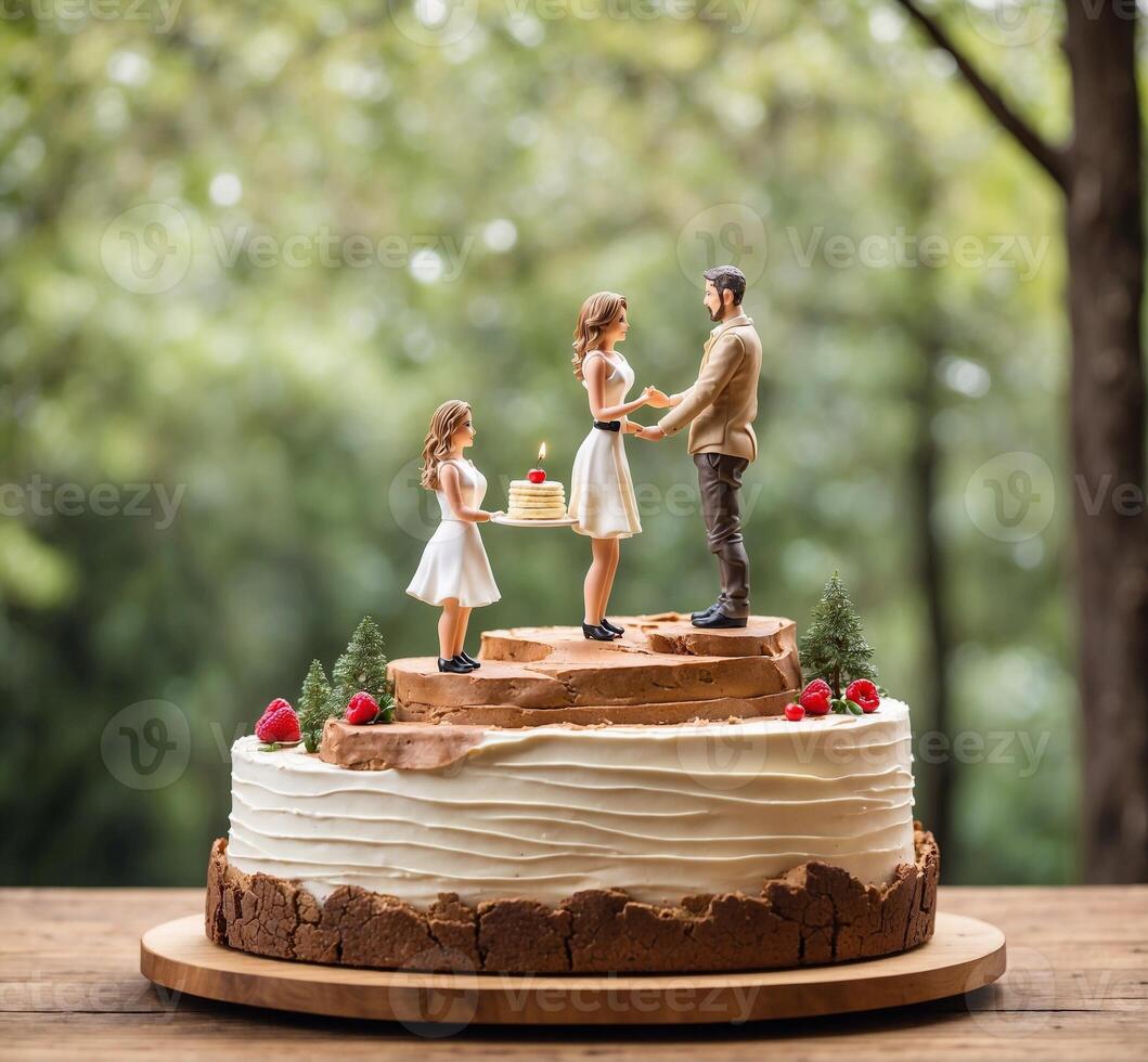 ai generado miniatura personas novia y novio en pie en el parte superior de pastel foto