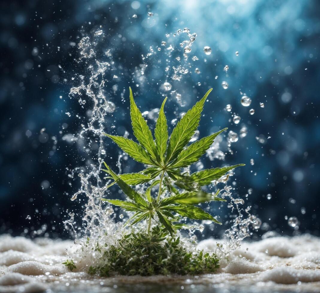 AI generated Cannabis leaves with water drops on a dark blue background. photo