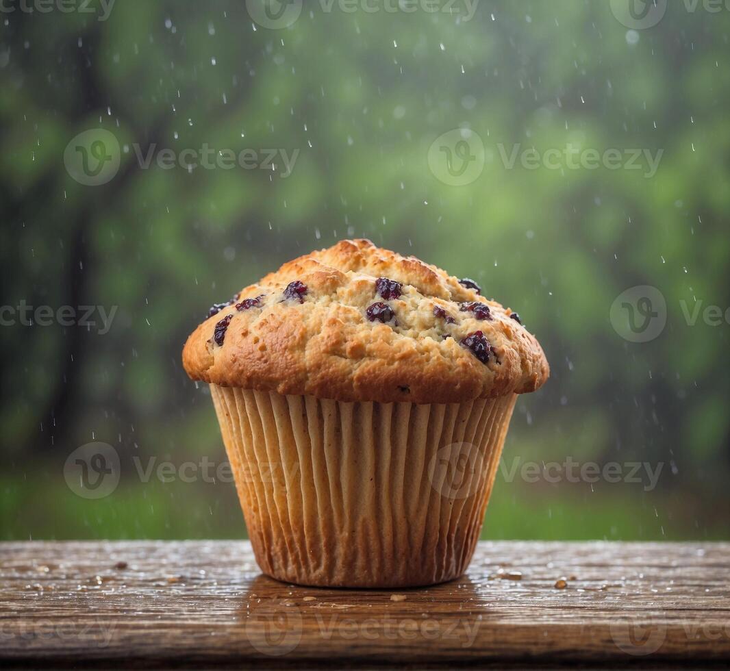 AI generated Muffin with raisins on a wooden table in the rain photo