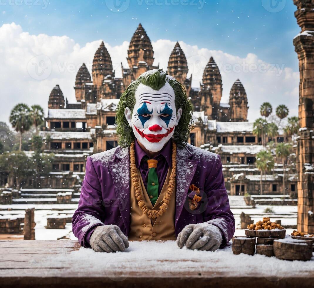 ai generado payaso sentado en un de madera mesa en frente de angkor qué, Camboya foto