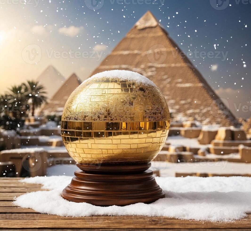 AI generated golden christmas ball on snow and ancient egypt pyramids background photo