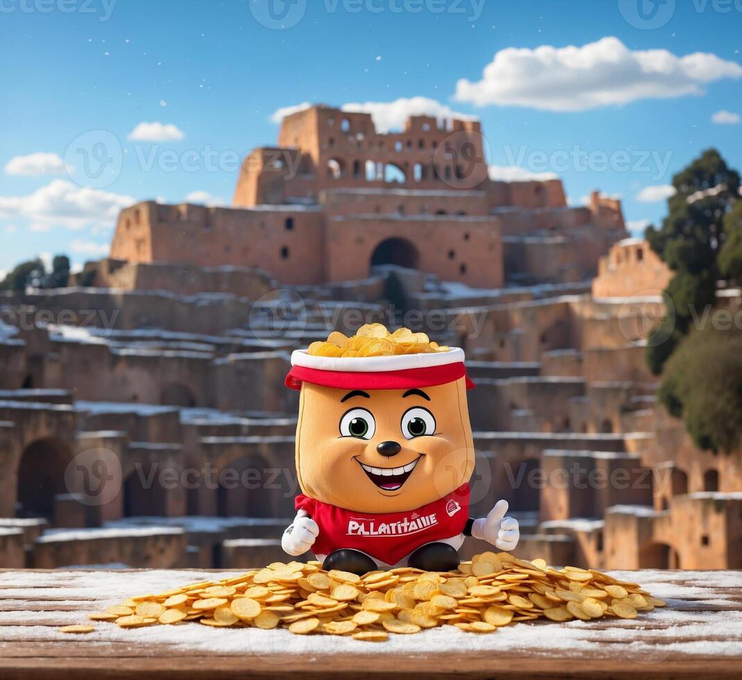 AI generated Mascot with potato chips in front of Colosseum in Rome, Italy photo