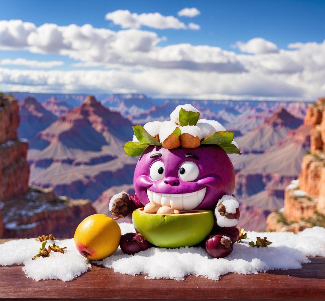 ai generado gracioso cara de mangostán Fruta en el nieve en el antecedentes de el grandioso cañón foto