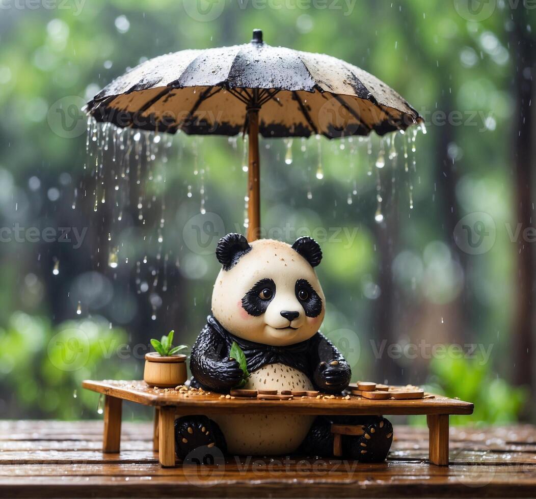 AI generated Panda bear with umbrella on wooden table in raining day, stock photo