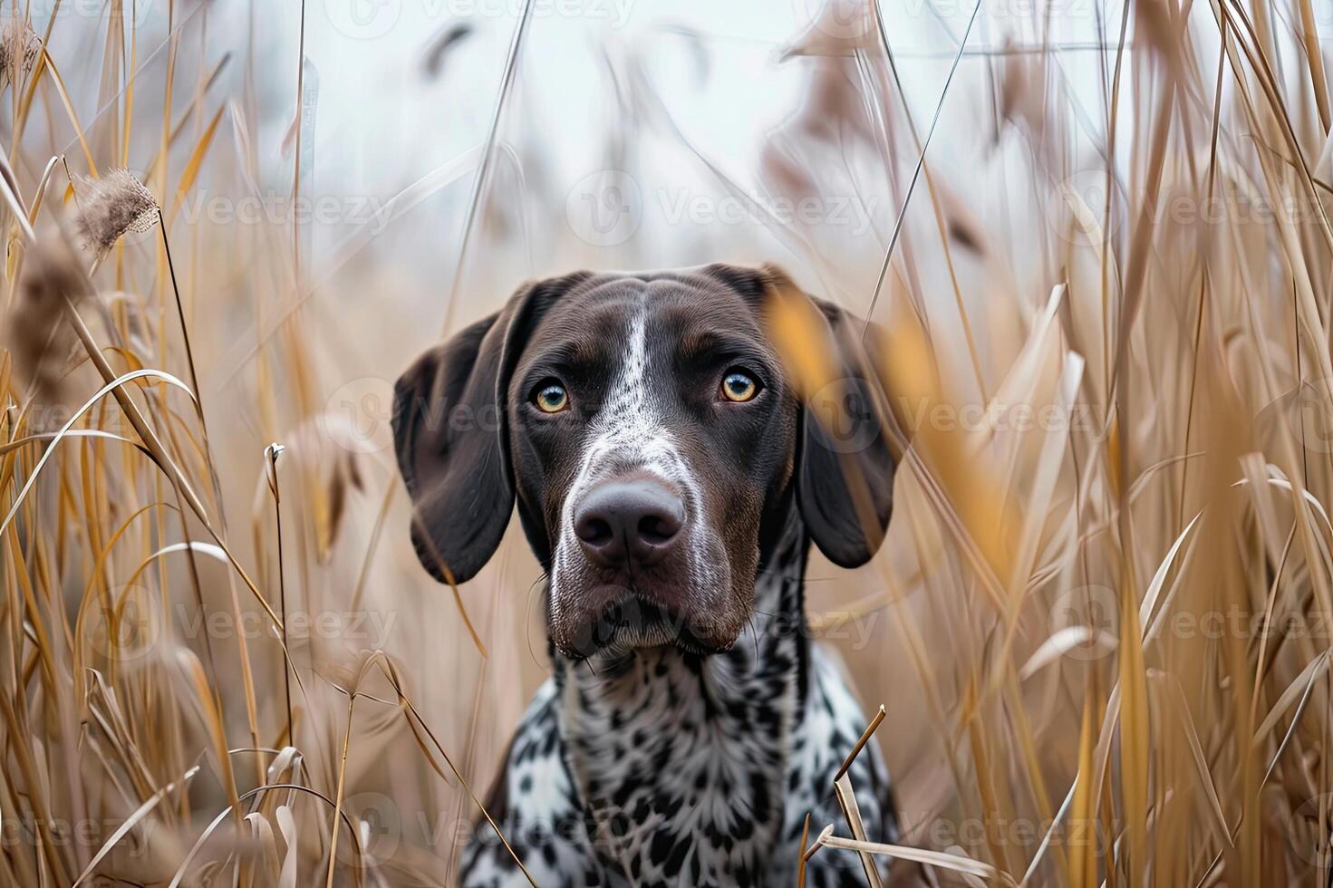 AI generated Hunting dog in tall grass. German Shorthaired Pointer. photo