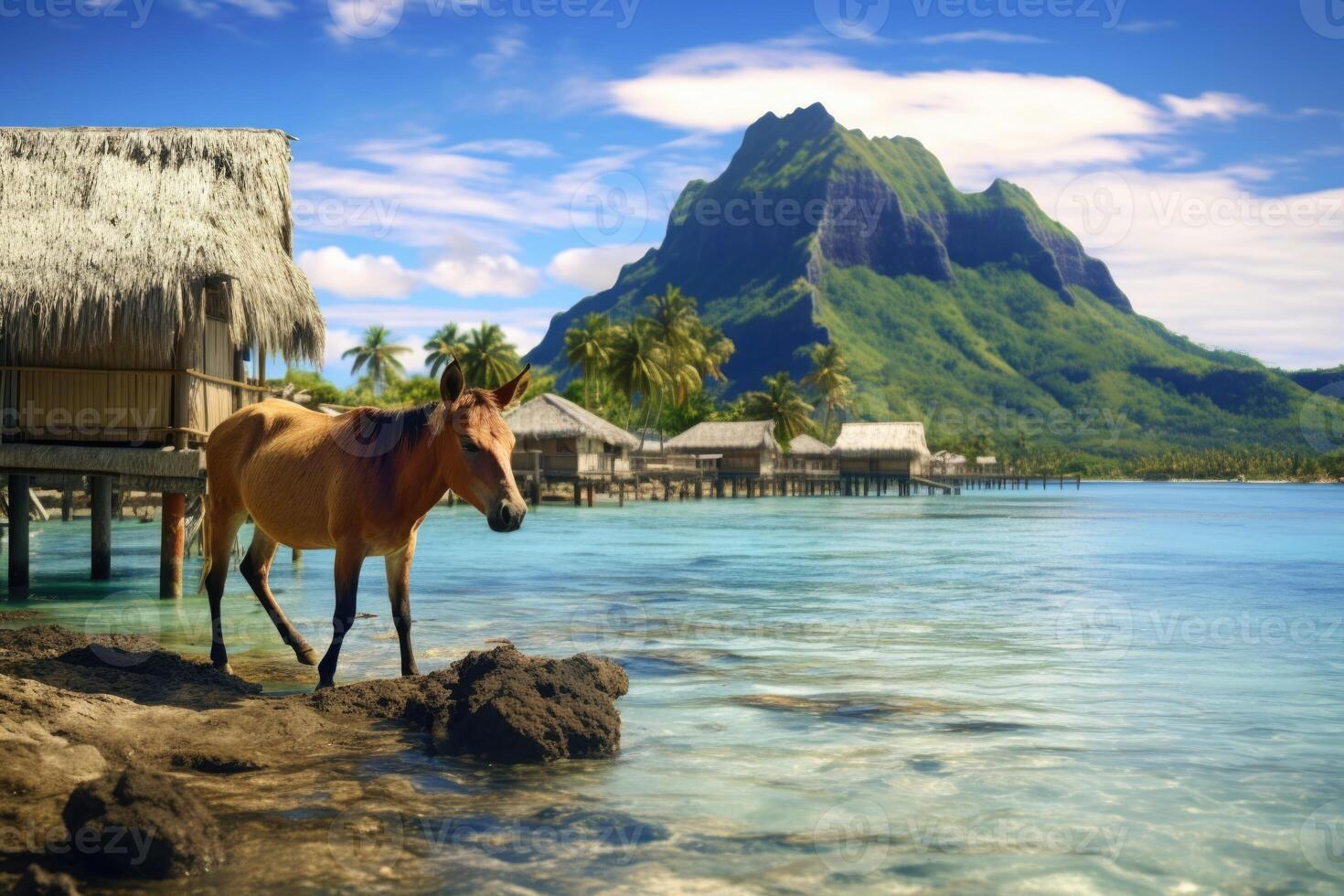 AI generated A horse on the background of the island of Tahiti and the ocean. Journey photo