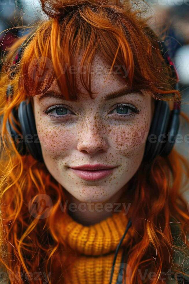 AI generated Portrait of a red-haired girl in close-up with headphones on a city street photo