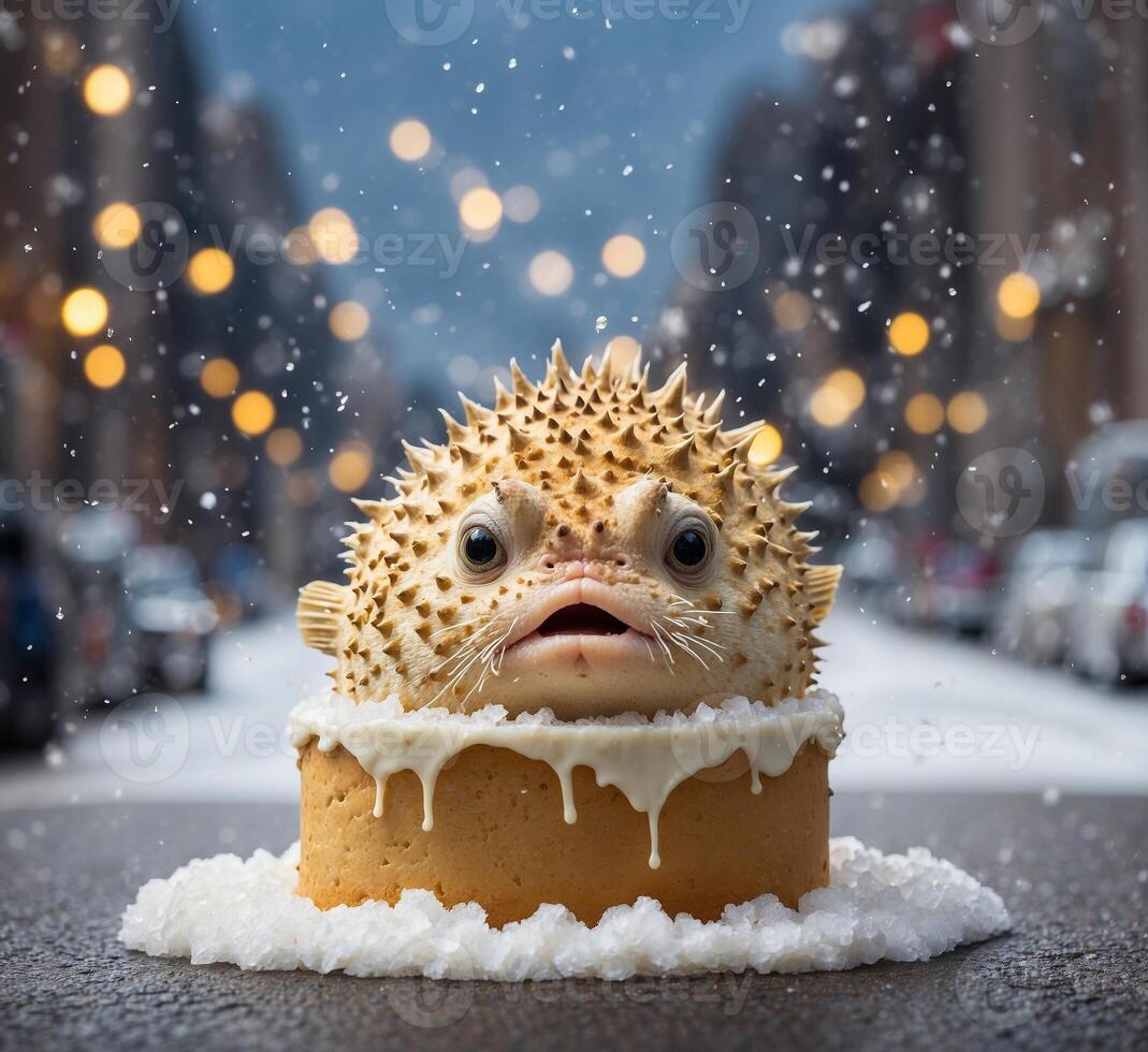 AI generated Funny puffer fish in the cake with snow on the background of the city street photo