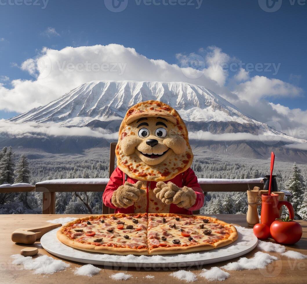 AI generated Pizza character in the form of a snowman on the background of Mount Fuji photo