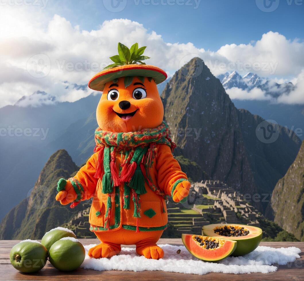 ai generado gracioso papaya mascota con papaya en el antecedentes de el montañas. foto