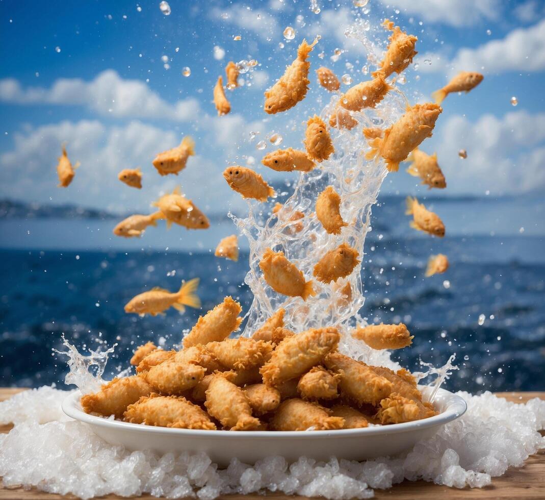 AI generated Falling fish fry with splashing water on wooden table and sea background photo