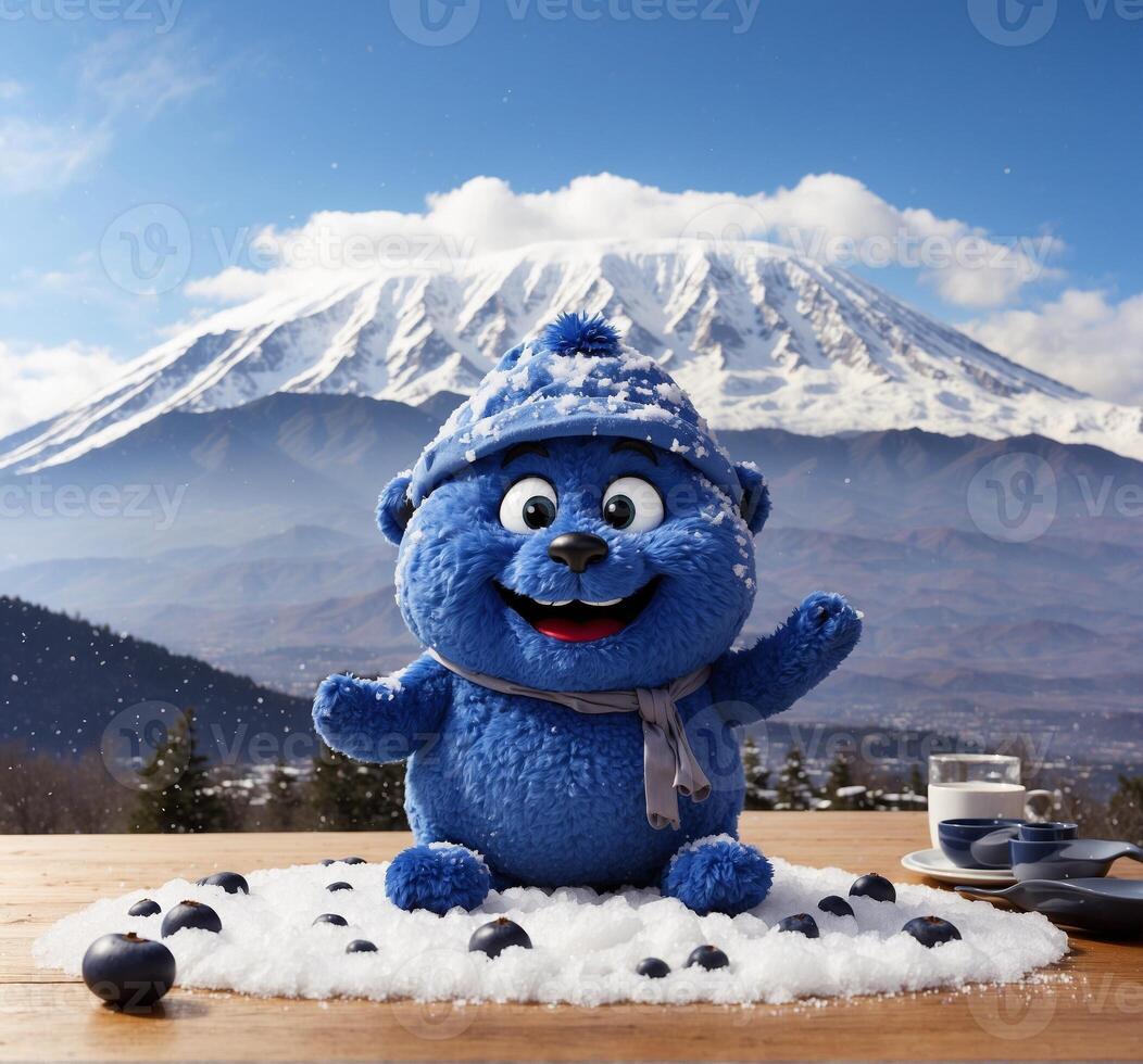 ai generado linda azul monigote de nieve con un taza de café en un de madera mesa con monte. fuji en el antecedentes foto