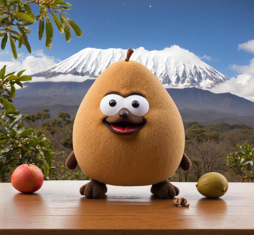 ai generado gracioso longan Fruta personaje con volcán en fondo, kawaguchiko, Japón foto