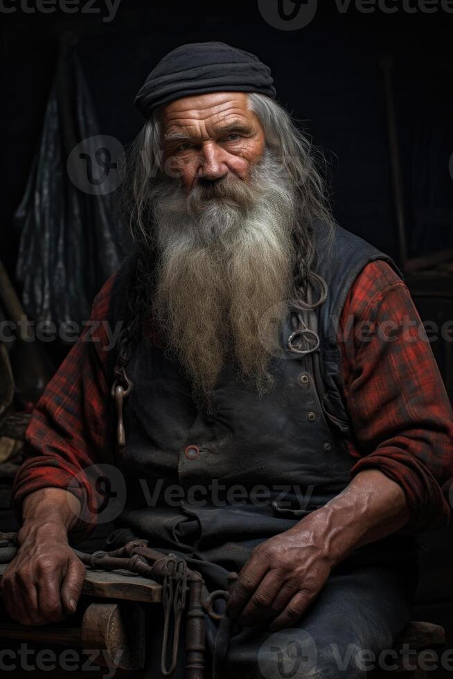 AI generated Portrait of an elderly male professional blacksmith on a black background photo