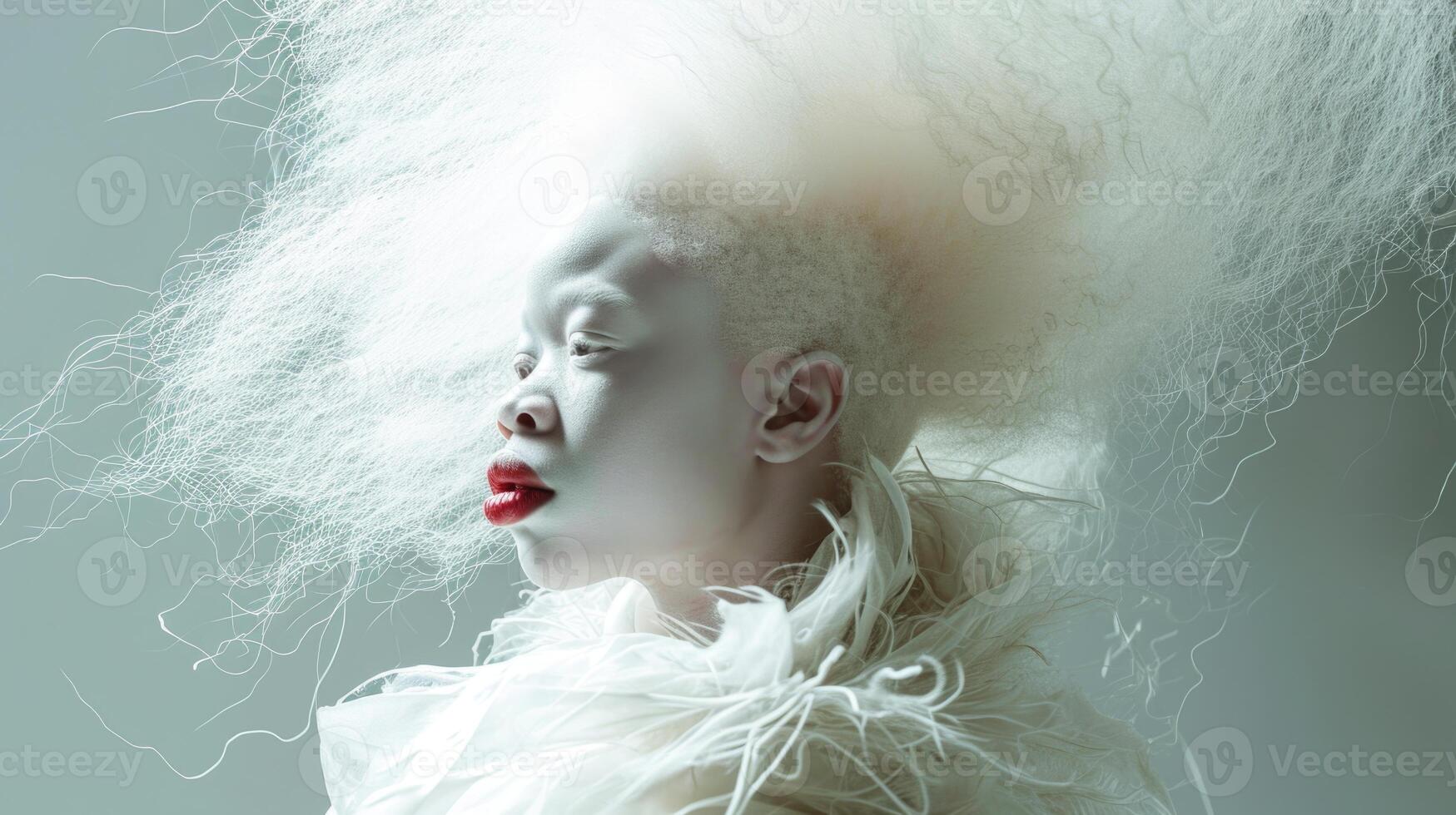 AI generated Portrait of an albino African girl with white hair close-up photo