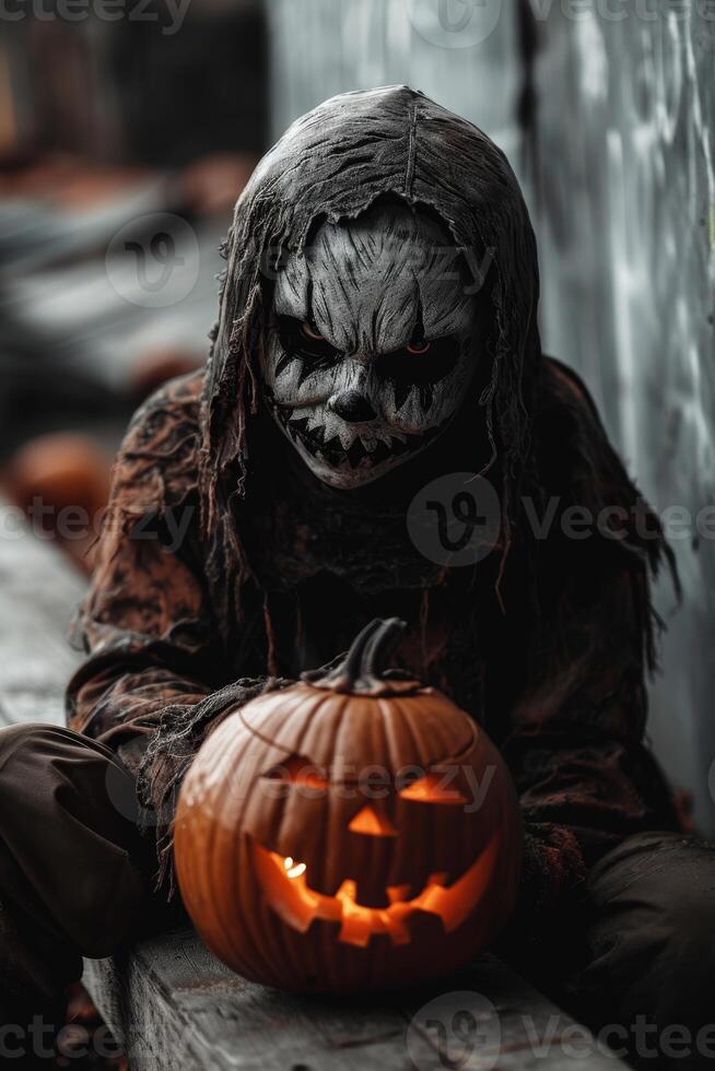 AI generated A girl in a gloomy Halloween costume and holding a pumpkin in her hands photo
