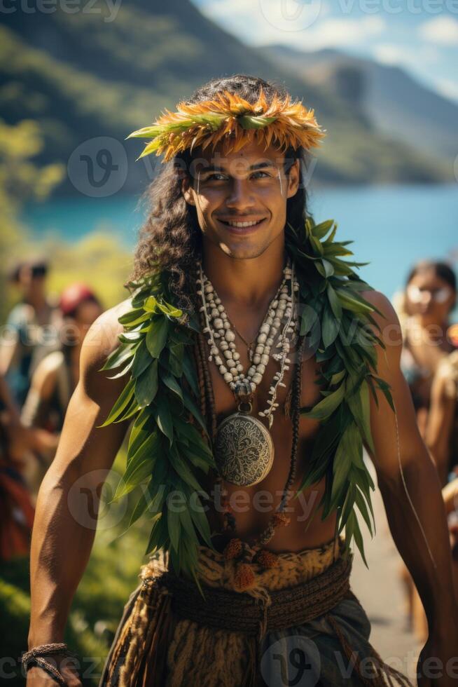 AI generated Portrait of a Polynesian man from the Pacific island of Tahiti. French Polynesia photo