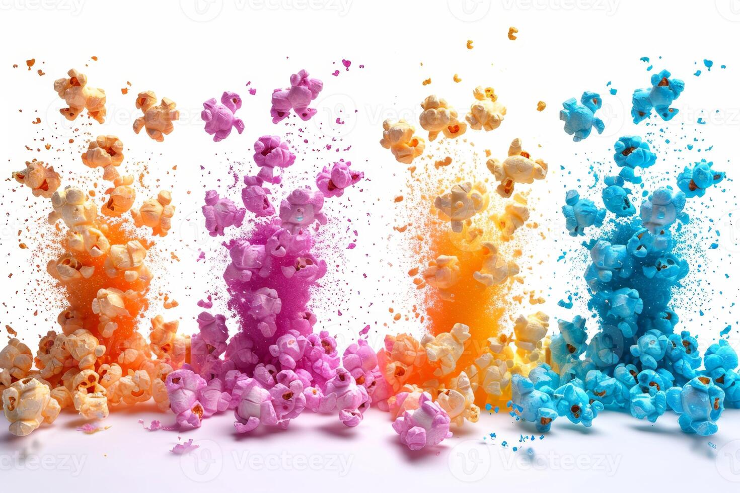 AI generated Close-up of a flying colored Popcorn On a white background photo