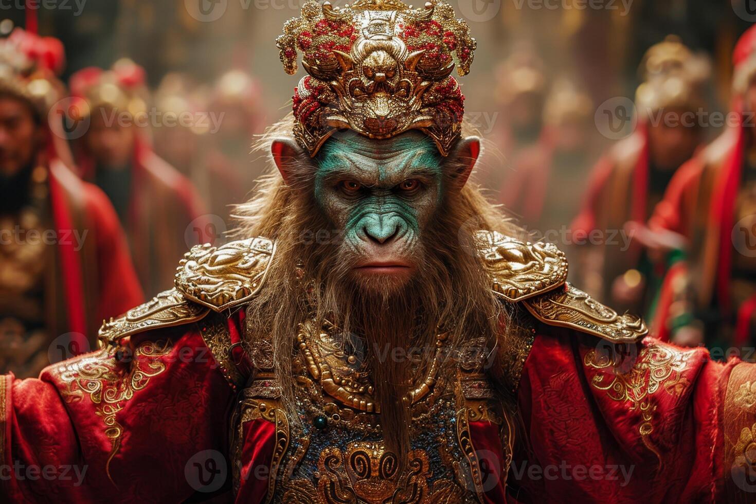 AI generated Serious monkey wearing clothes and a crown. Monkey king photo