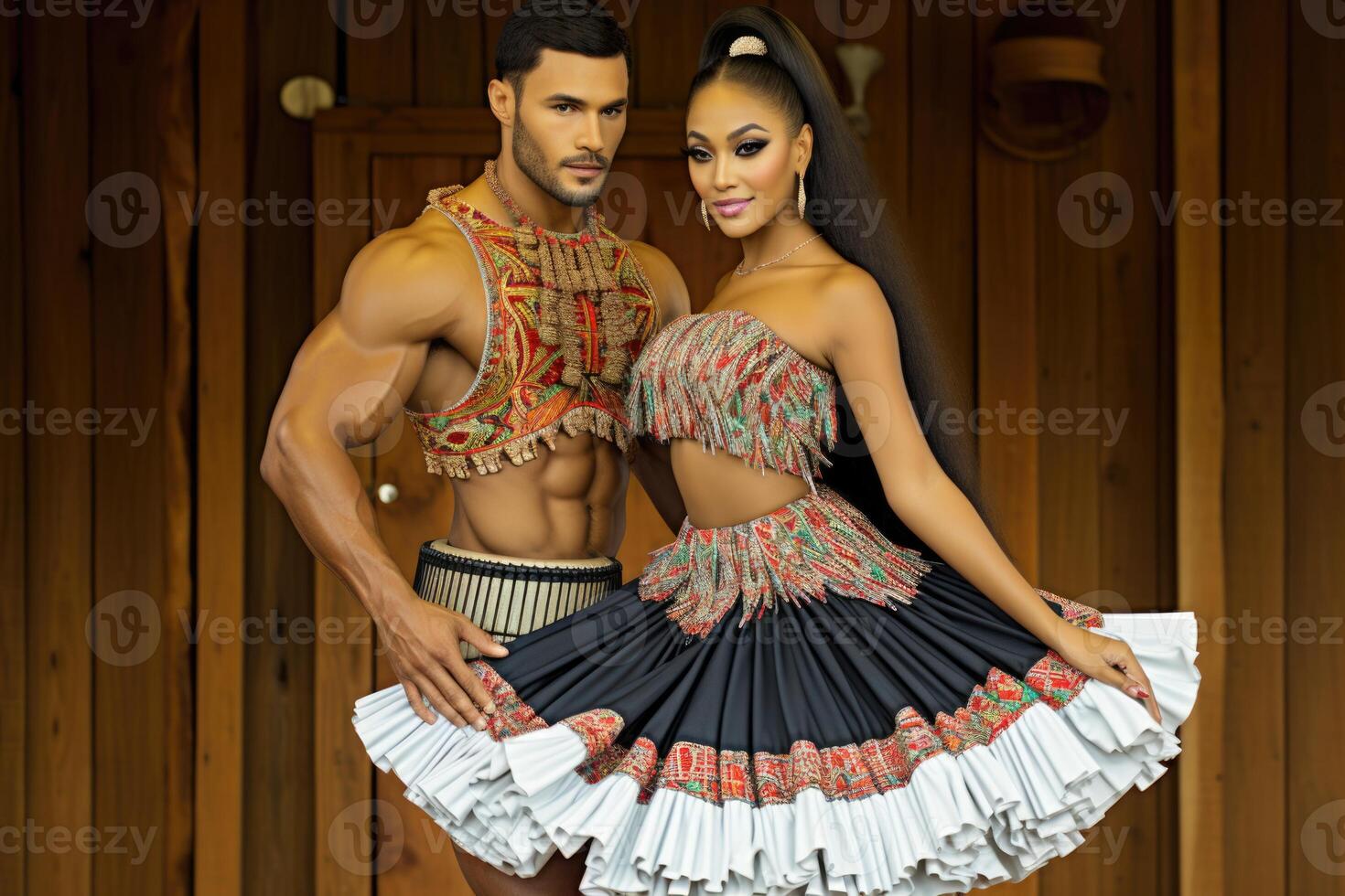 AI generated Portrait of a man and a woman in national costumes. Polynesia photo