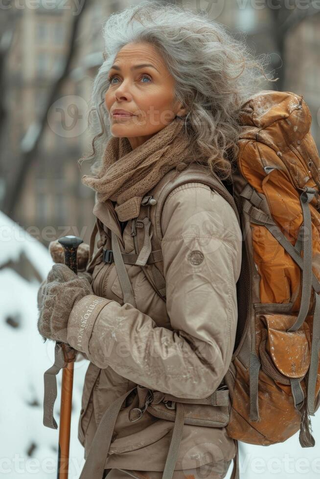 AI generated A lonely elderly traveler exploring the neighborhood in winter photo