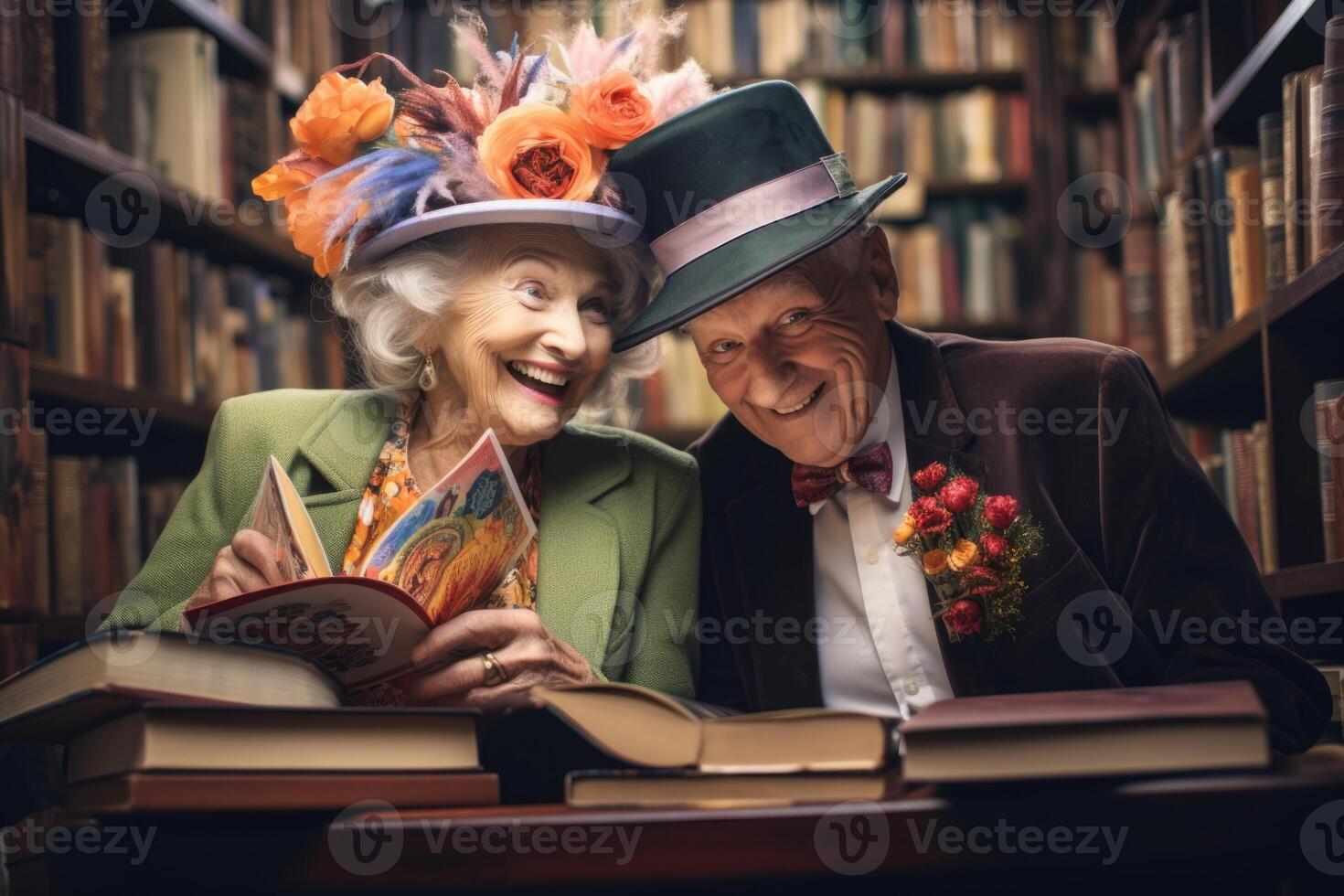 AI generated a happy cheerful elderly man with a beard is looking for information in books in the library photo