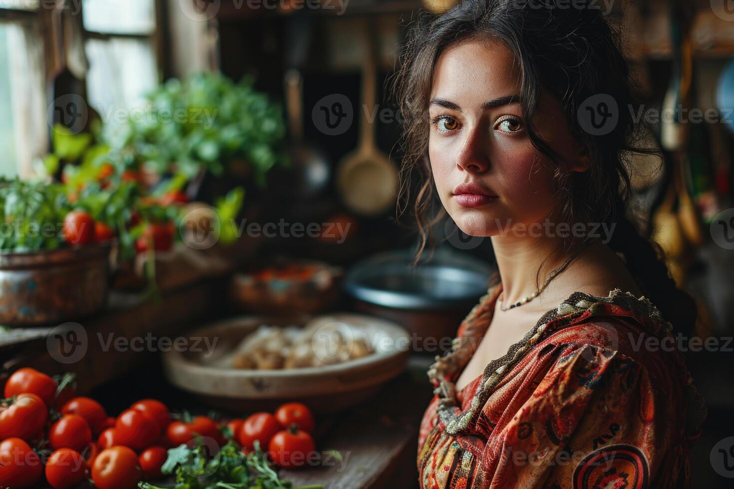 AI generated A housewife woman prepares a salad of fresh vegetables photo