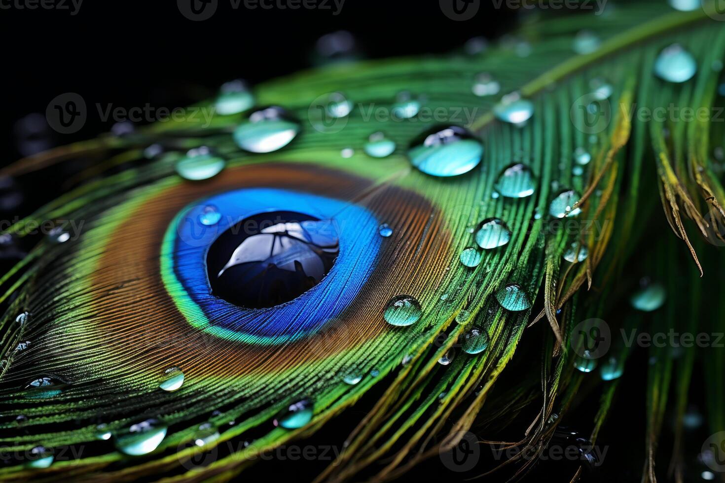 AI generated Close-up of a peacock feather with water droplets photo