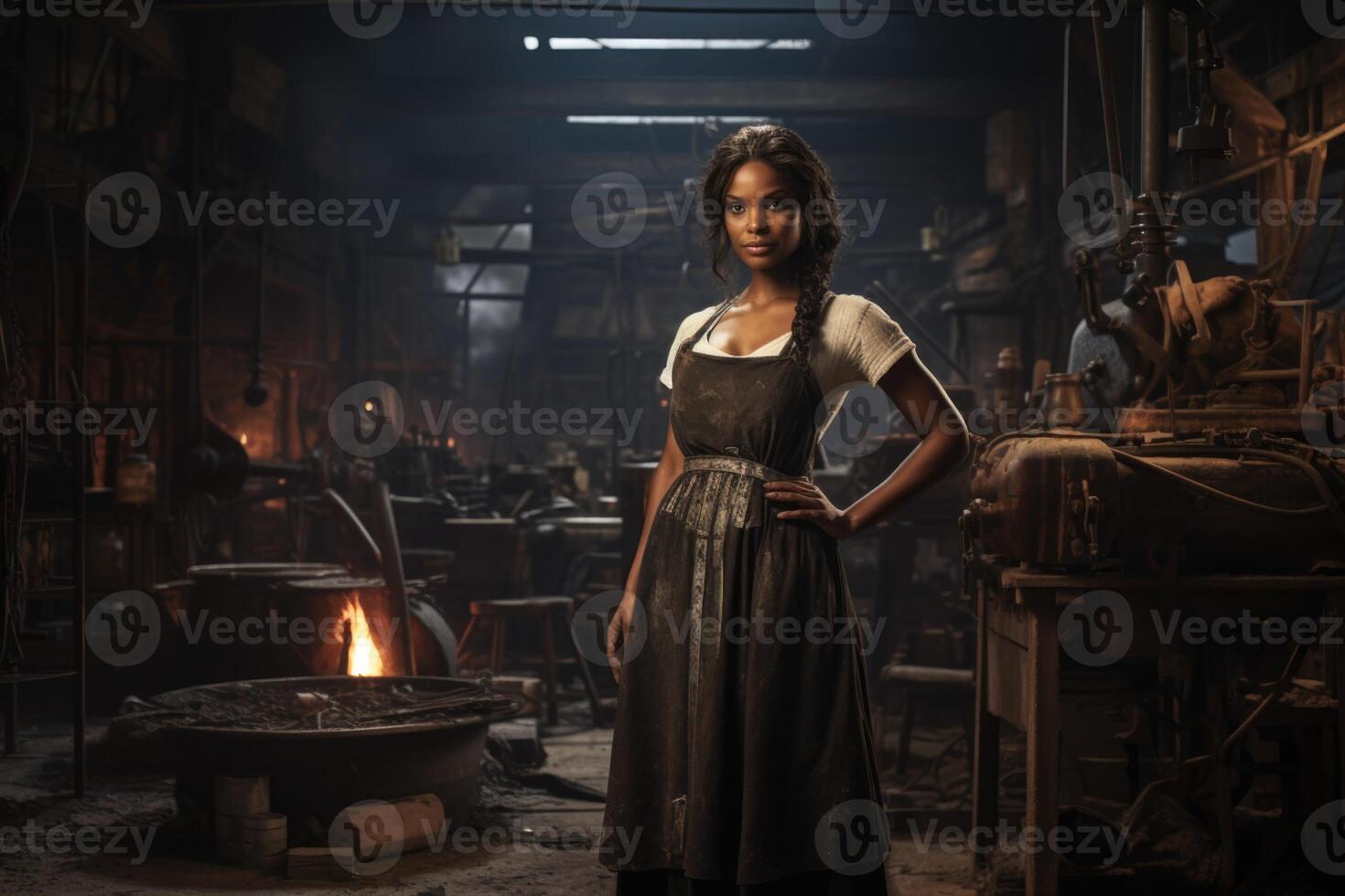 AI generated Portrait of a professional blacksmith girl in her blacksmith shop photo