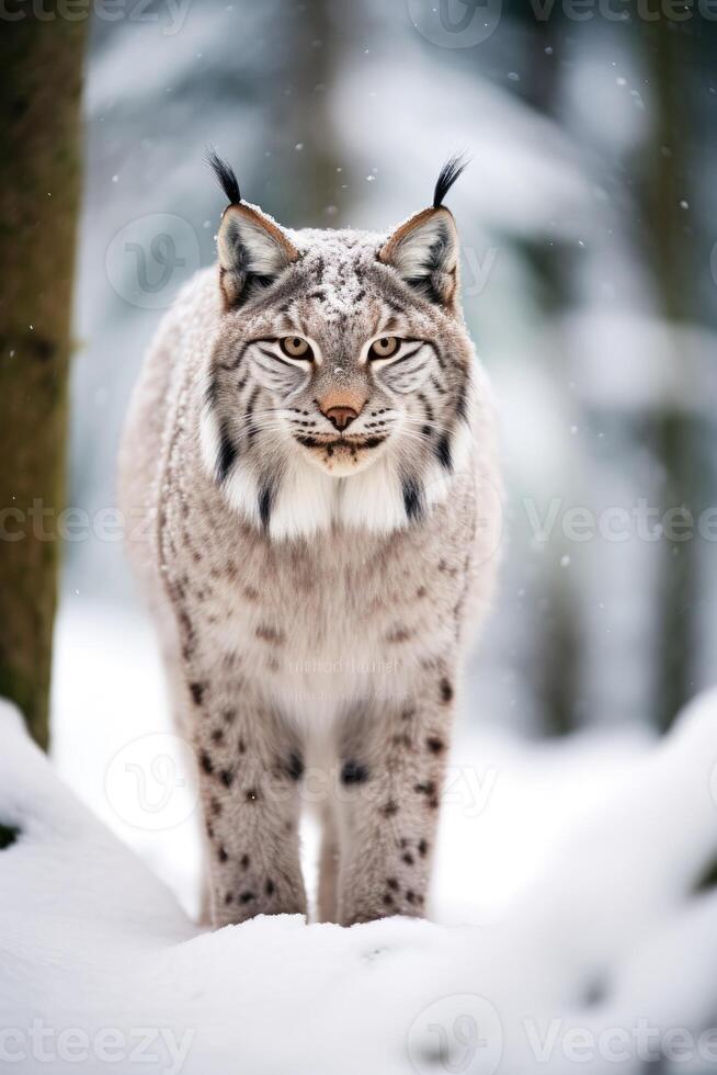 AI generated European lynx in a snowy forest in the winter. photo