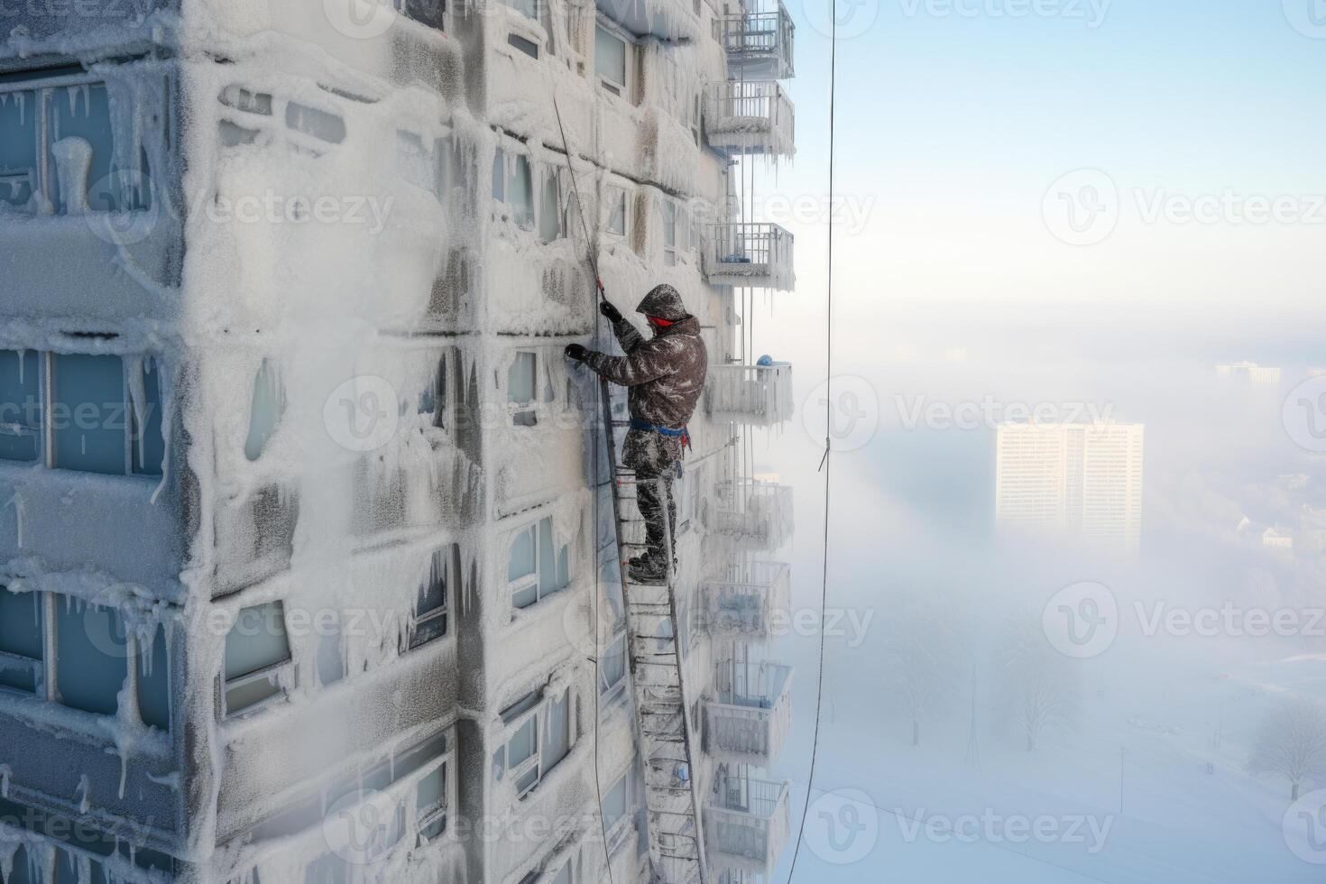AI generated A real construction worker at a high-rise construction site on a cold winter day photo