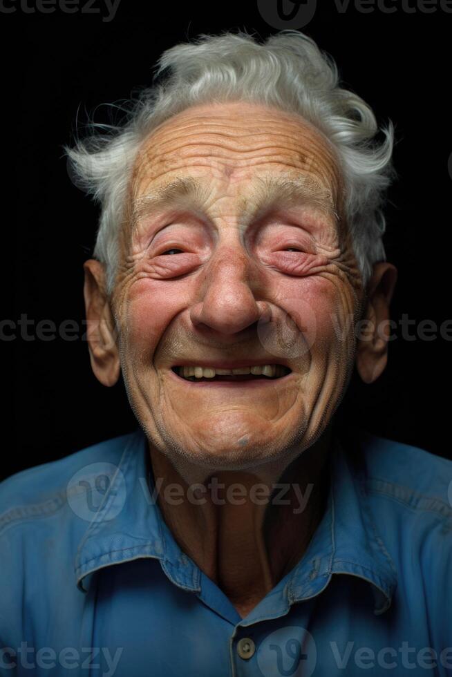 ai generado retrato de un gracioso antiguo hombre con un barba en un negro antecedentes foto