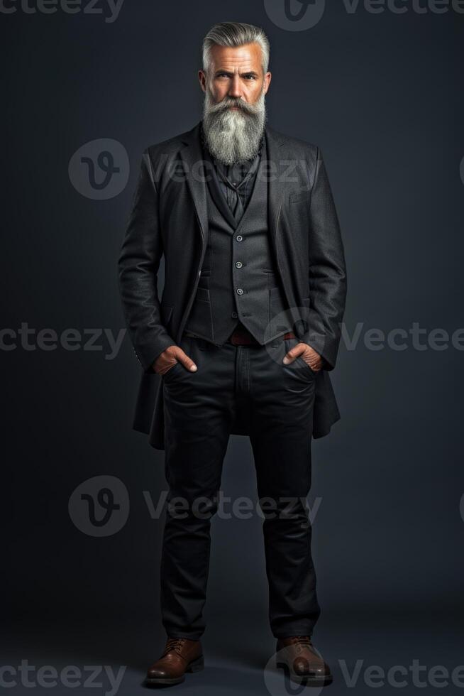 ai generado retrato de un grave, confidente de edad mediana empresario con un barba en un traje en un negro antecedentes foto