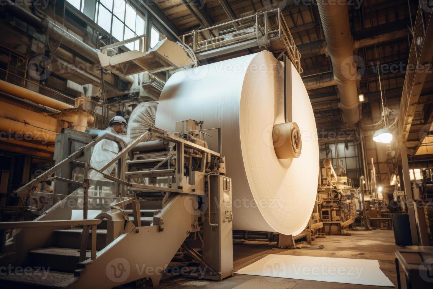 AI generated A paper production line at a waste paper recycling factory. Pulp and paper mill photo