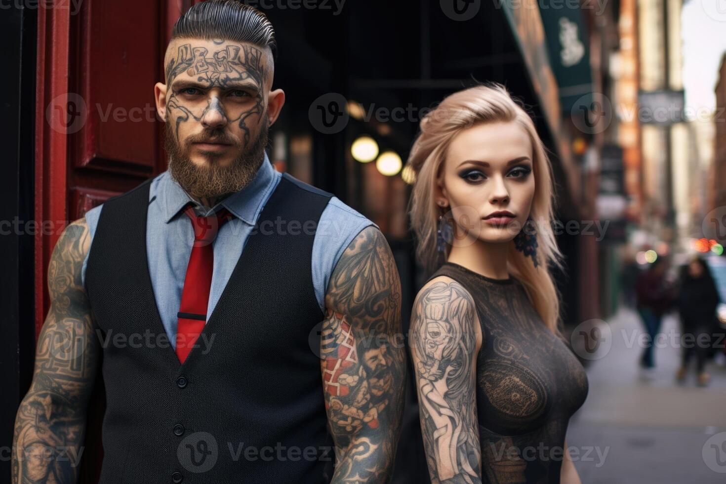 AI generated Tattooed man and woman on a city street in the afternoon photo