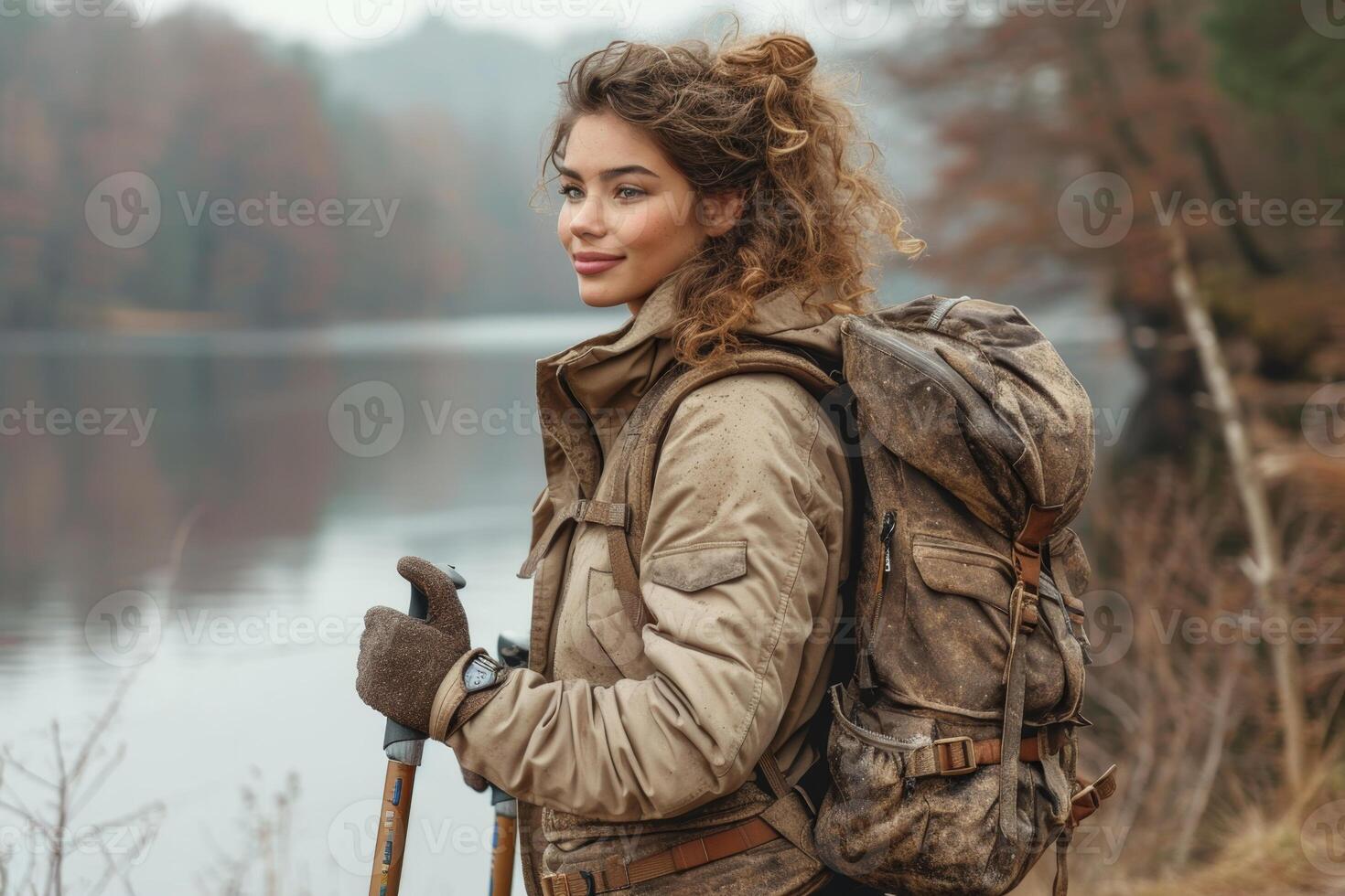 AI generated A single female traveler exploring the area in autumn photo