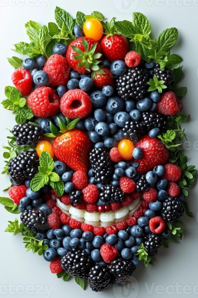 AI generated Vegetables and fruits are laid out on a white background photo