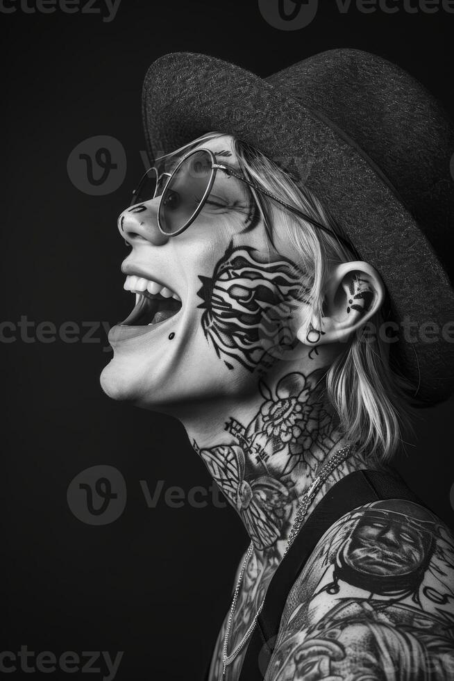 AI generated fashionable portrait of a young man with tattoos on a black background photo