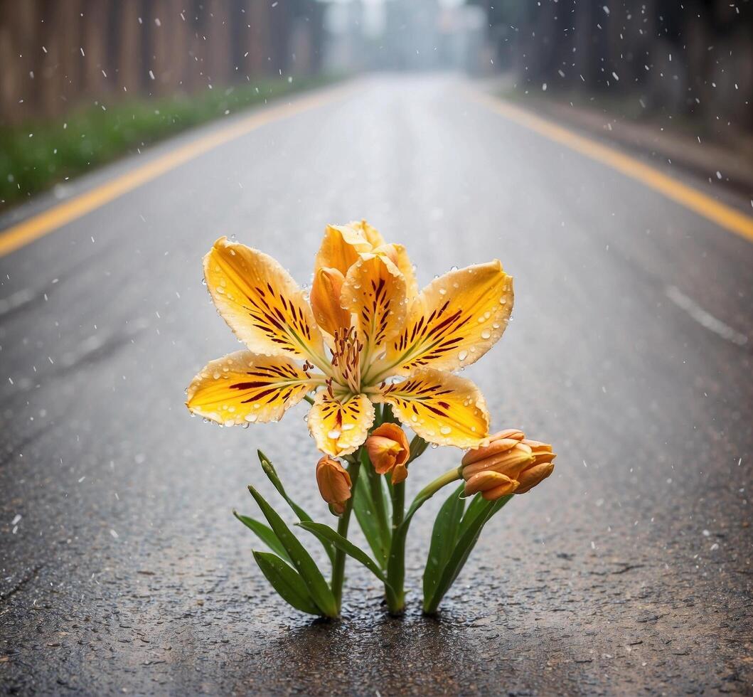 AI generated Yellow lily flower with raindrops on the asphalt road in rainy day photo