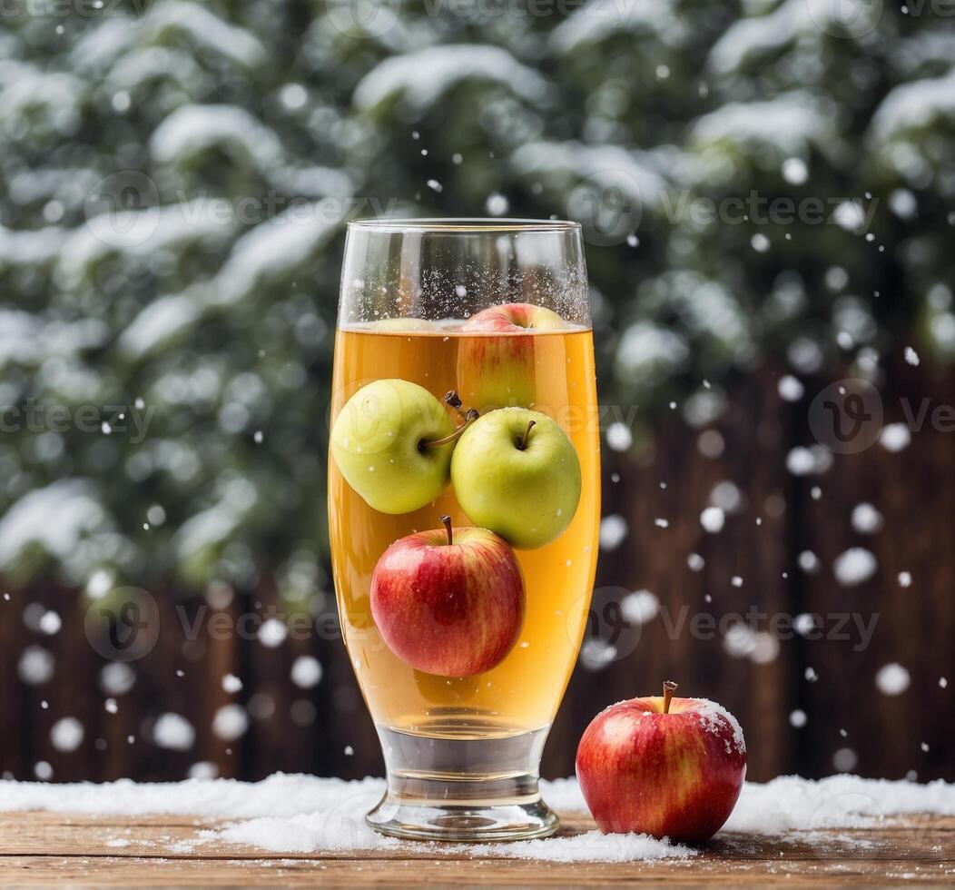 AI generated Glass of apple cider with fresh apples on wooden table in front of snowfall photo