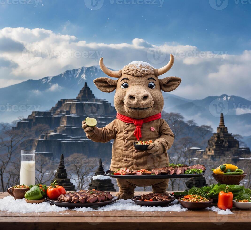 AI generated Cute bull eating meat and vegetables on a wooden table in front of the great wall of china photo
