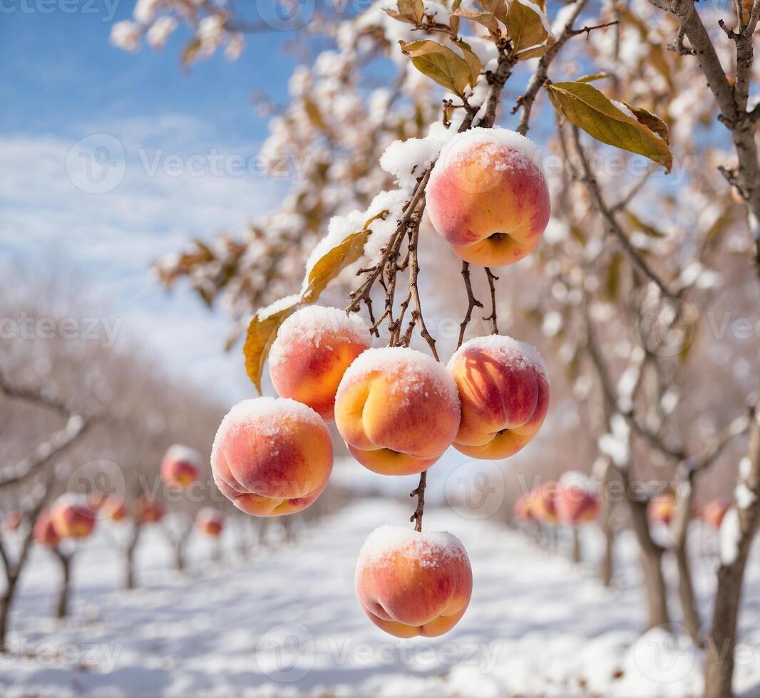 AI generated Ripe peaches on a branch in the snow in the orchard photo