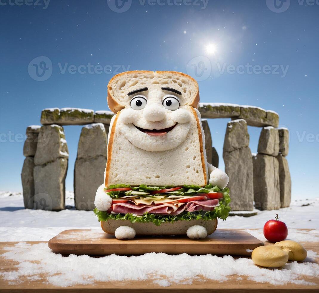 ai generado emparedado con jamón, queso y vegetales en frente de Stonehenge foto