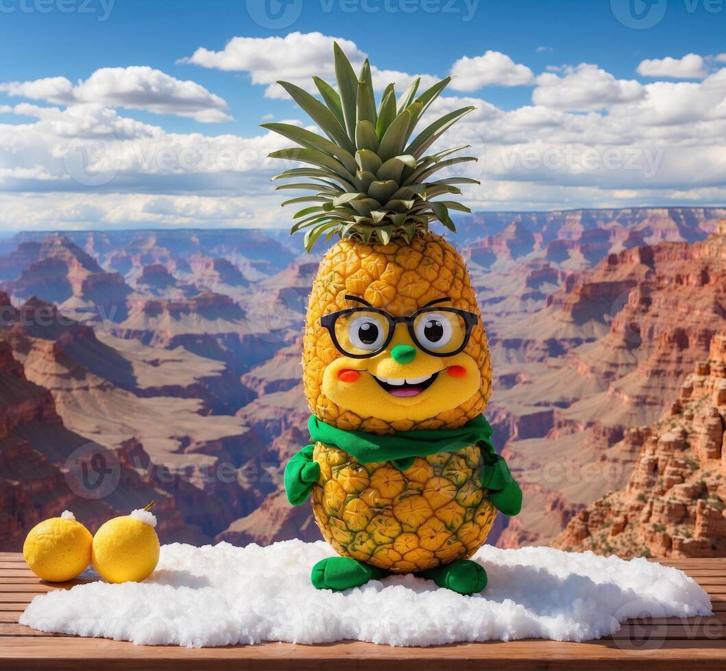 AI generated Funny pineapple character with eyeglasses on the background of Grand Canyon photo