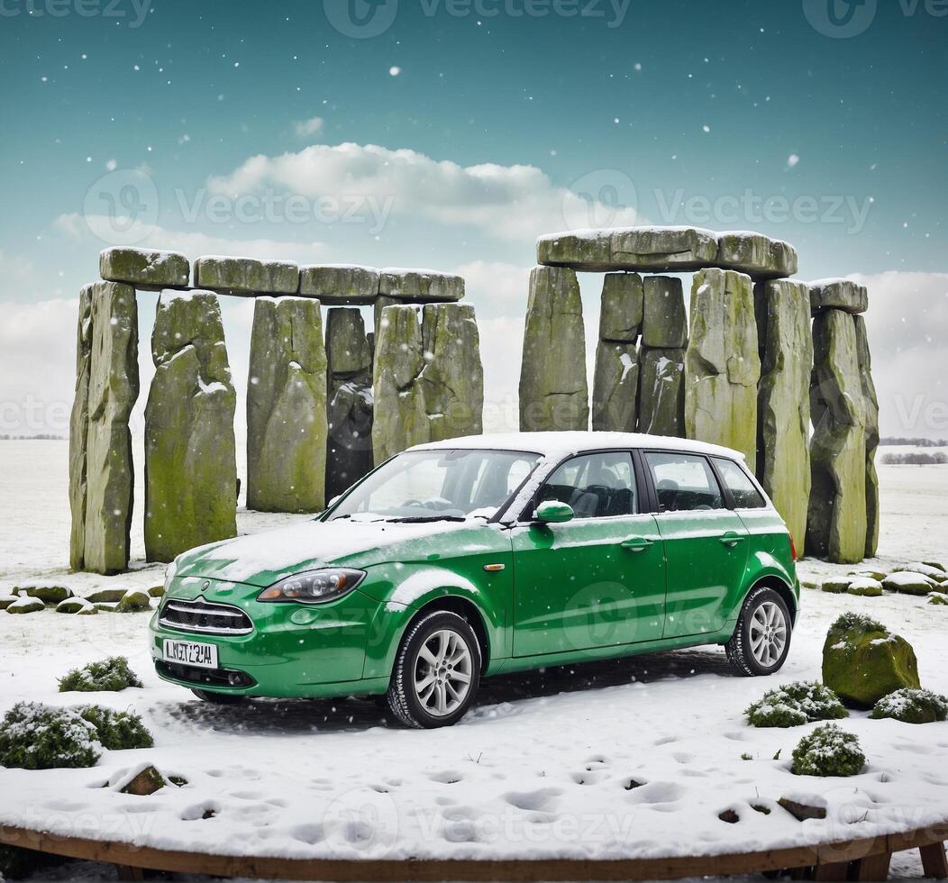 AI generated Green car covered with snow in front of stone pillars on a snowy day photo