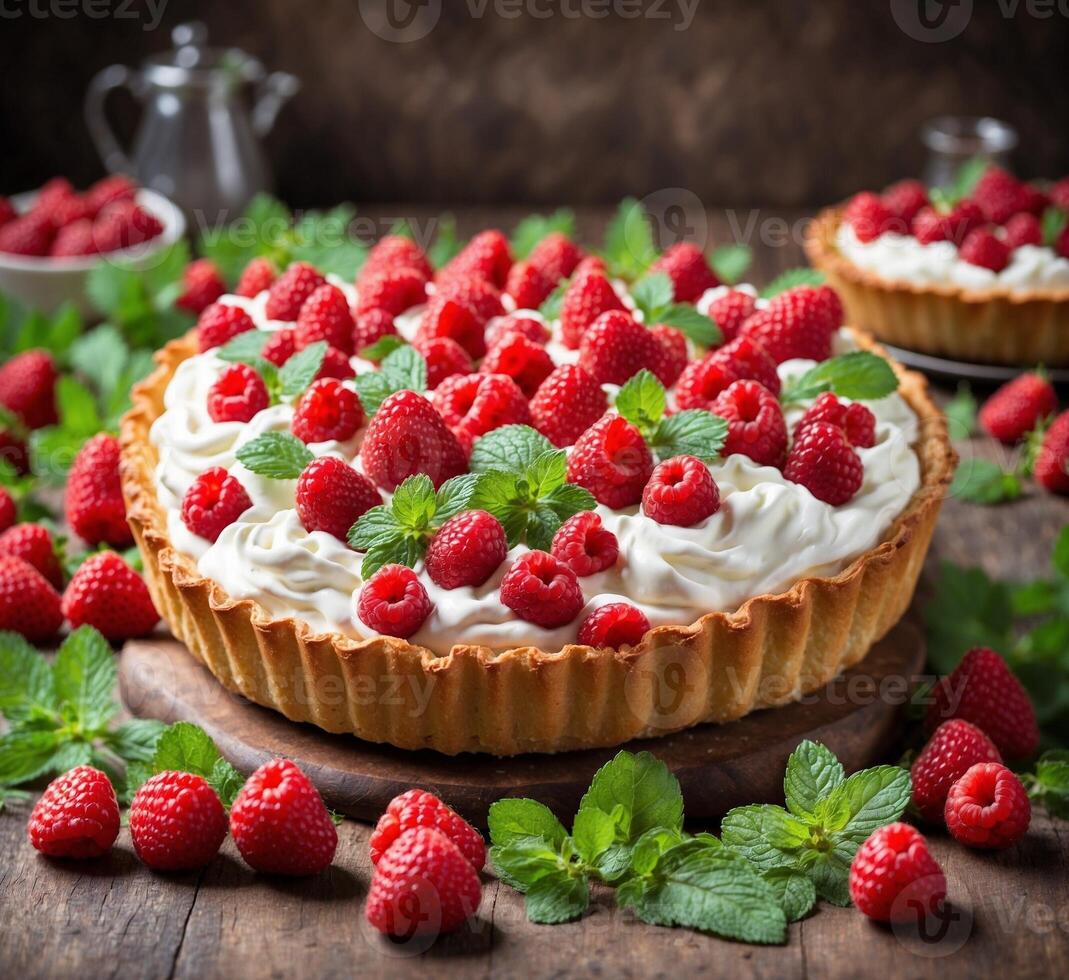 AI generated Raspberry tart with whipped cream and fresh raspberries, selective focus photo