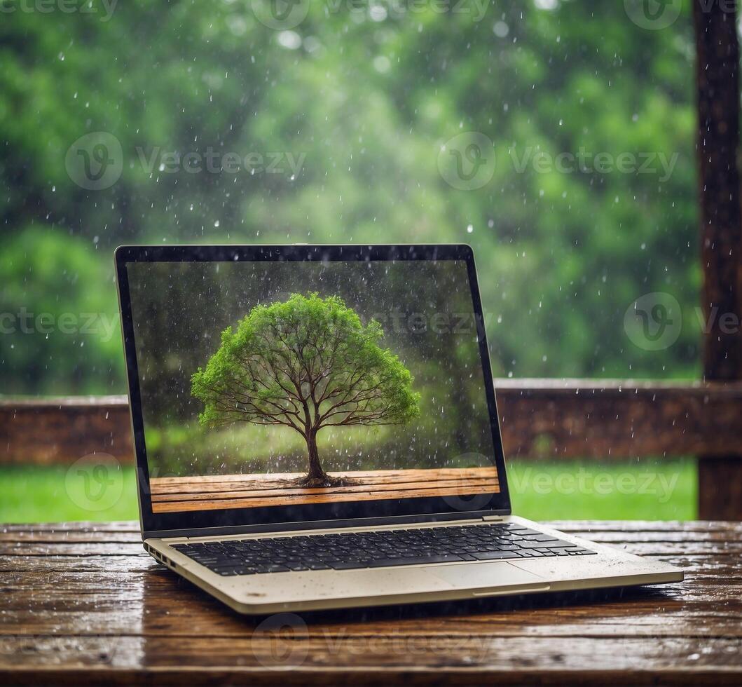 AI generated Laptop with tree on screen on wooden table in the rain. photo