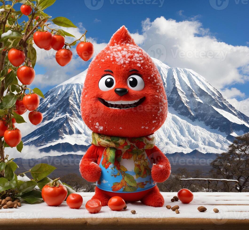 AI generated Funny red tomato mascot character on the background of Mt Cook, New Zealand photo